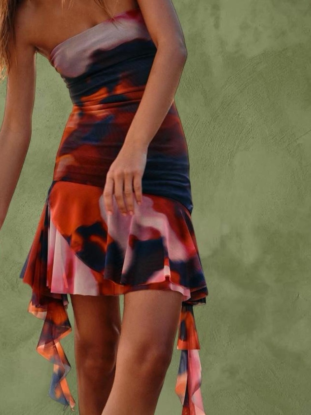 Zara Strapless Abstract Print Ruffle Hem Mini Dress